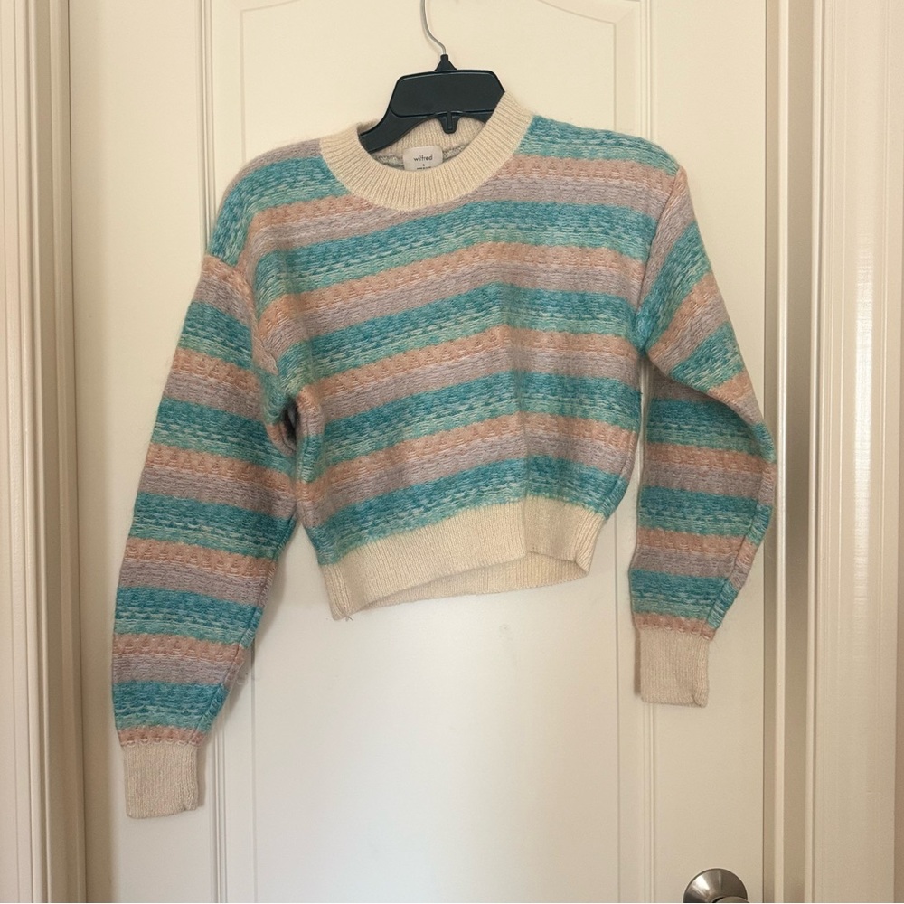 Aritzia Striped Crewneck Sweater in Teal, Beige, Cream